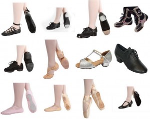 Different types of hard and soft dance shoes suitable for Marley Floors.