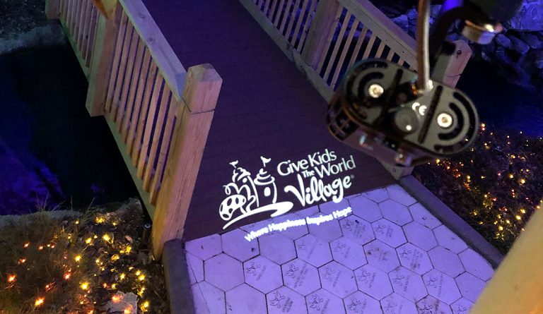 A Rosco Image Spot Mini gobo projector is used to welcome visitors to “Night of A Million Lights” – an immersive holiday lights spectacular at Give Kids The World Village in Kissimmee, FL. 