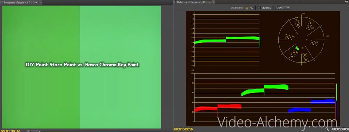 Screenshot of the video comparing DIY store paint vs Rosco Chroma Key paint.