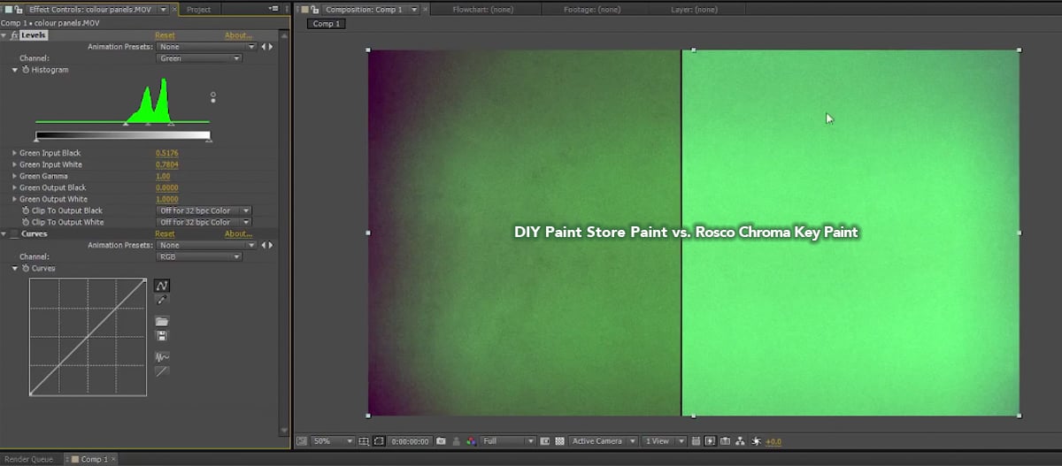 Vectorscope comparison between Rosco chroma key green paint and hardware store green paint