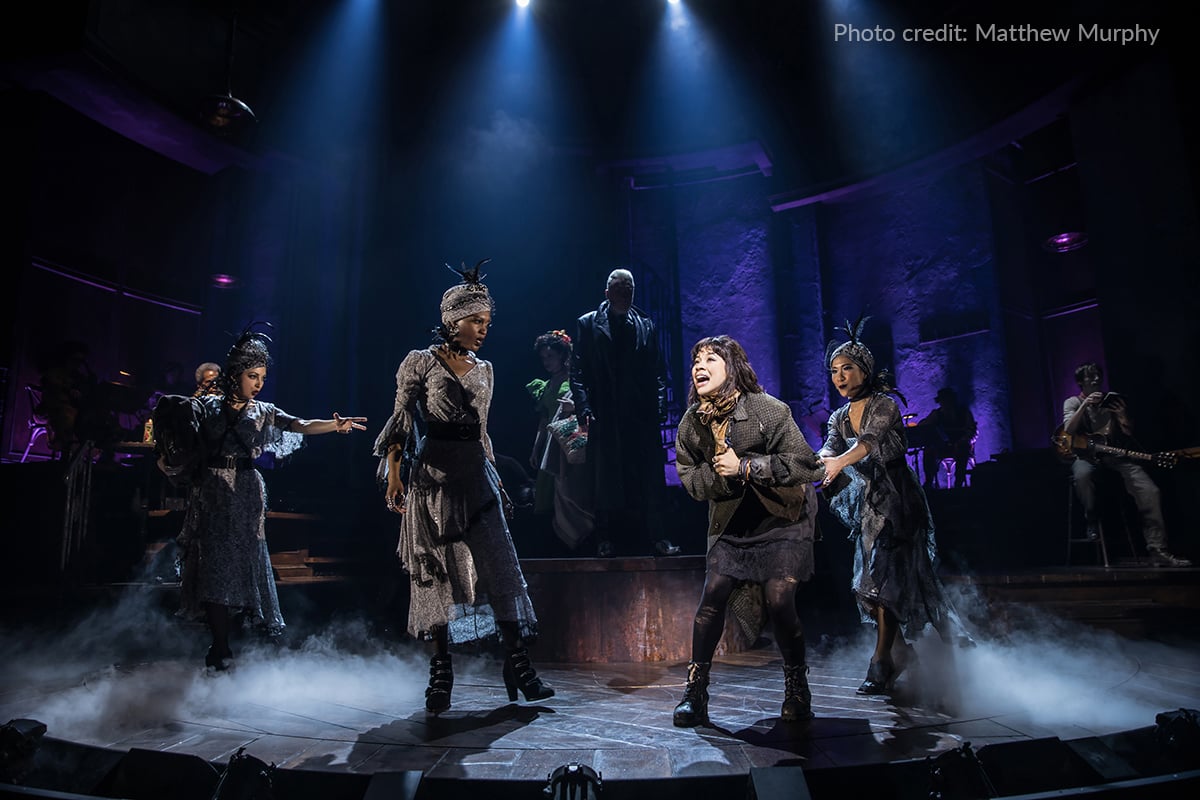 Rosco Braq Cube 4C fixtures are used as powerful footlights to create shadows on the set of the Broadway production of Hadestown.