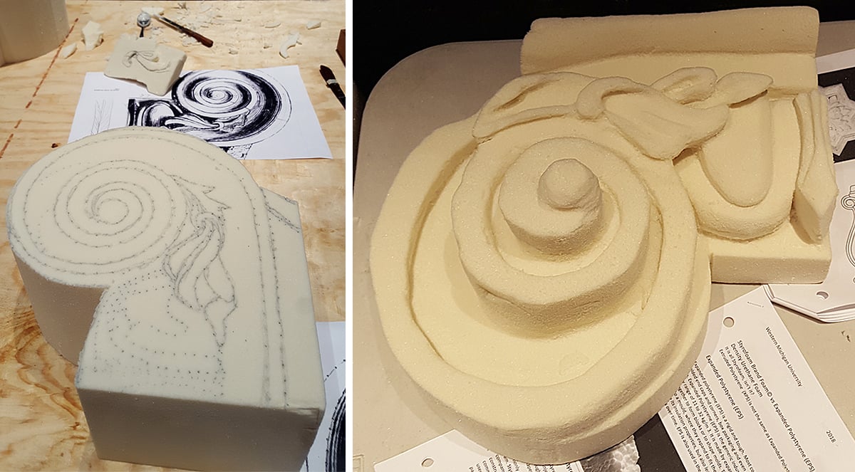 The cut piece before and after foam carving