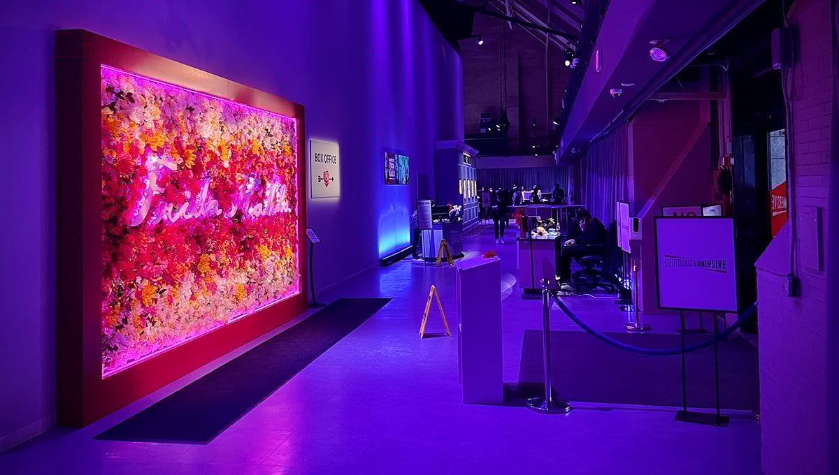 The "Immersive Van Gogh" Boston lobby - evenly illuminated with Martin RUSH PAR 1 fixtures outfitted with Rosco OS30 OPTI-SCULPT lenses.