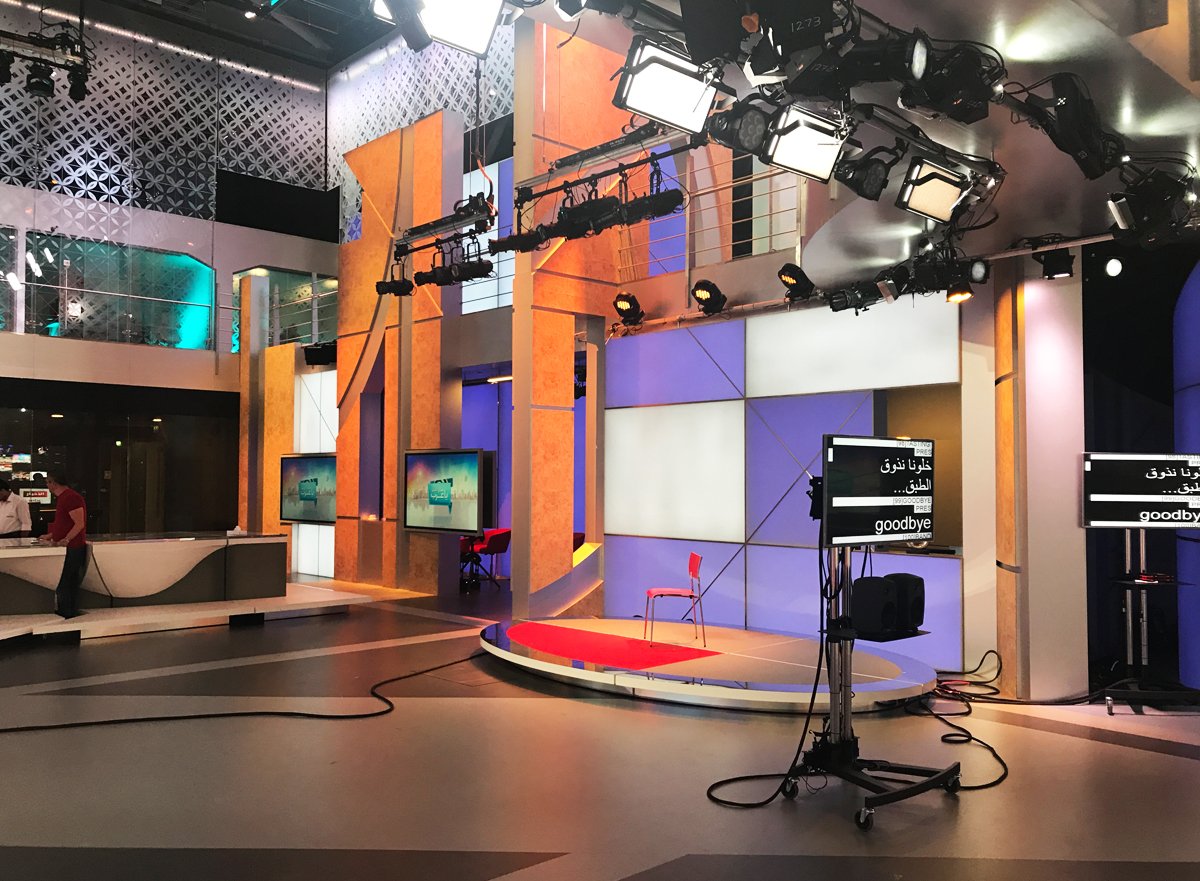 Broadcast set design for the new MBC studios inside Dubai Studio City featuring color changing panels backlit by LED ribbon from Rosco..