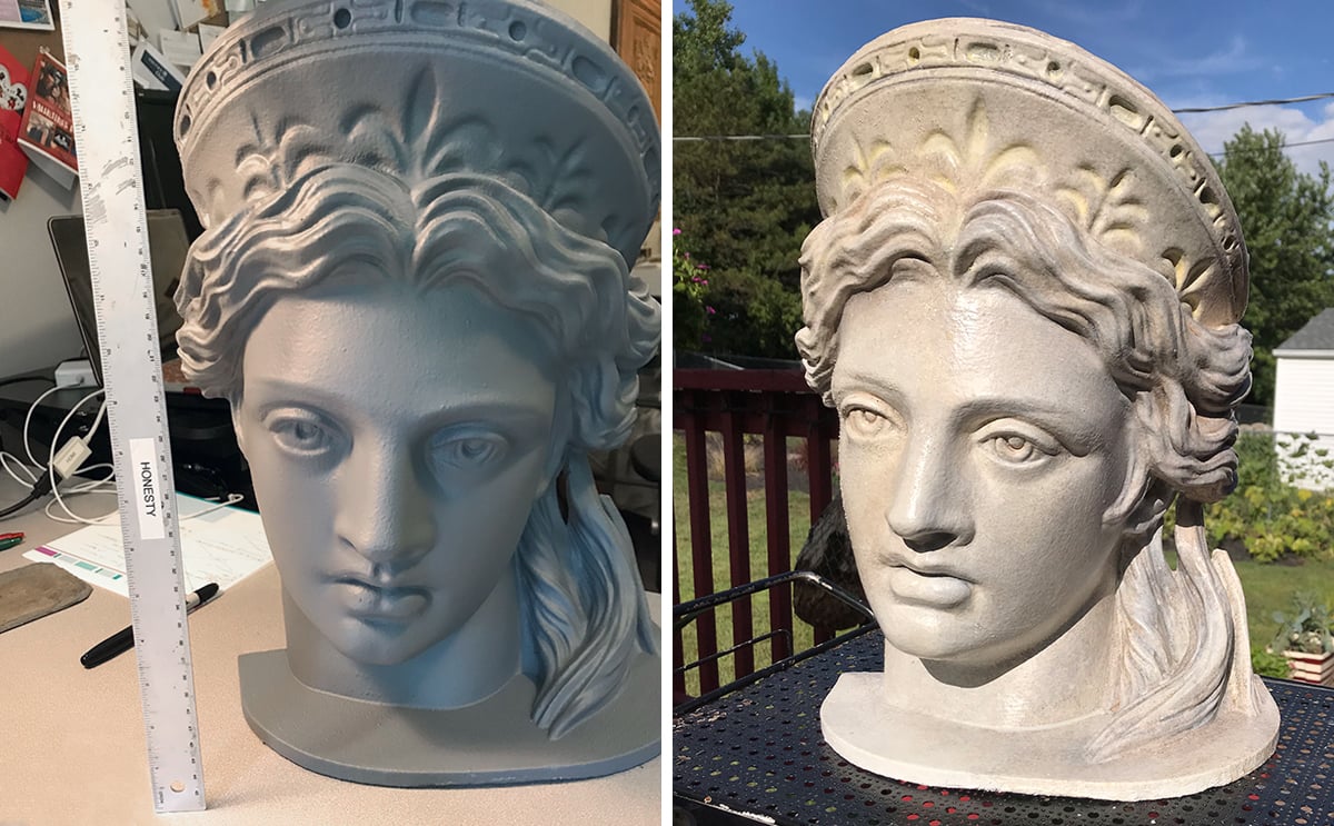 Sample head before and after applying Rosco paints & coatings.