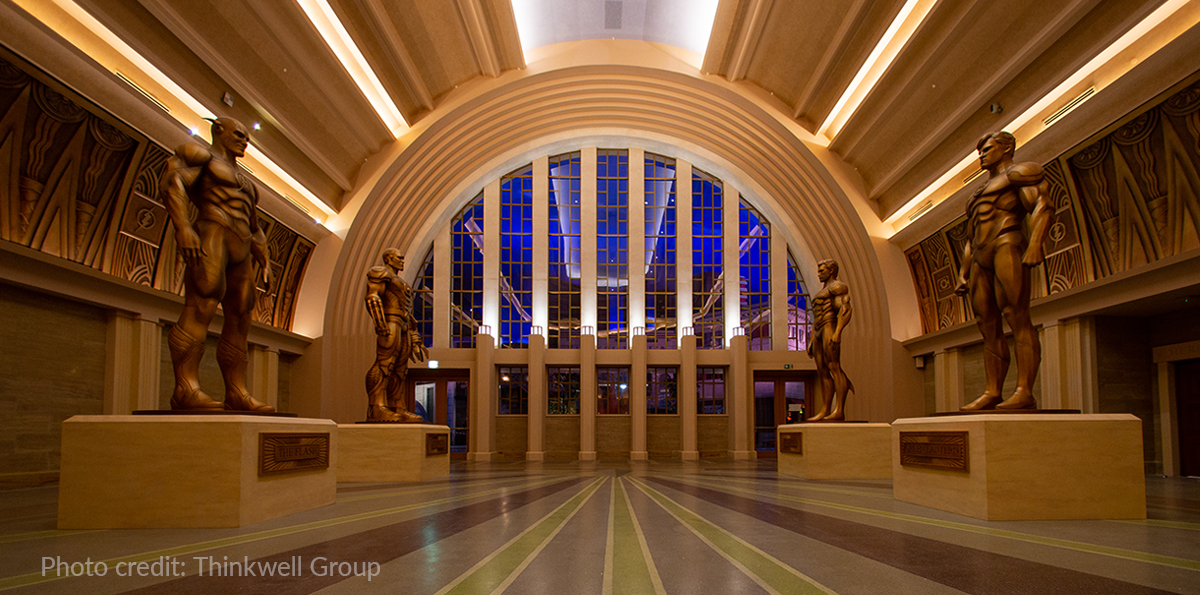 Architectural columns accented with compact Rosco Miro Cube fixtures
