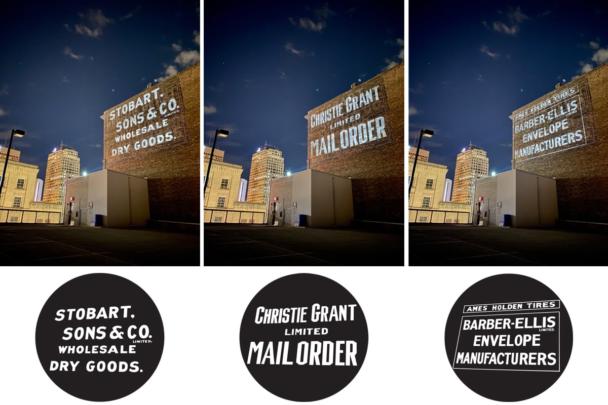 Three Rosco Image Spots projected Custom Gobos to bring old, hand-painted "ghost signs" back to life on a building façade in Winnipeg, Canada.