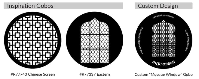 The two standard gobos that inspired Sara Burns' Mosque Window custom gobo.