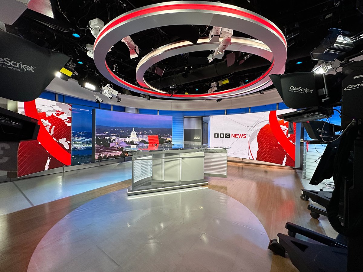 BBC World News America studio lit with LED lights featuring Rosco OPTI-SCULPT lenses.