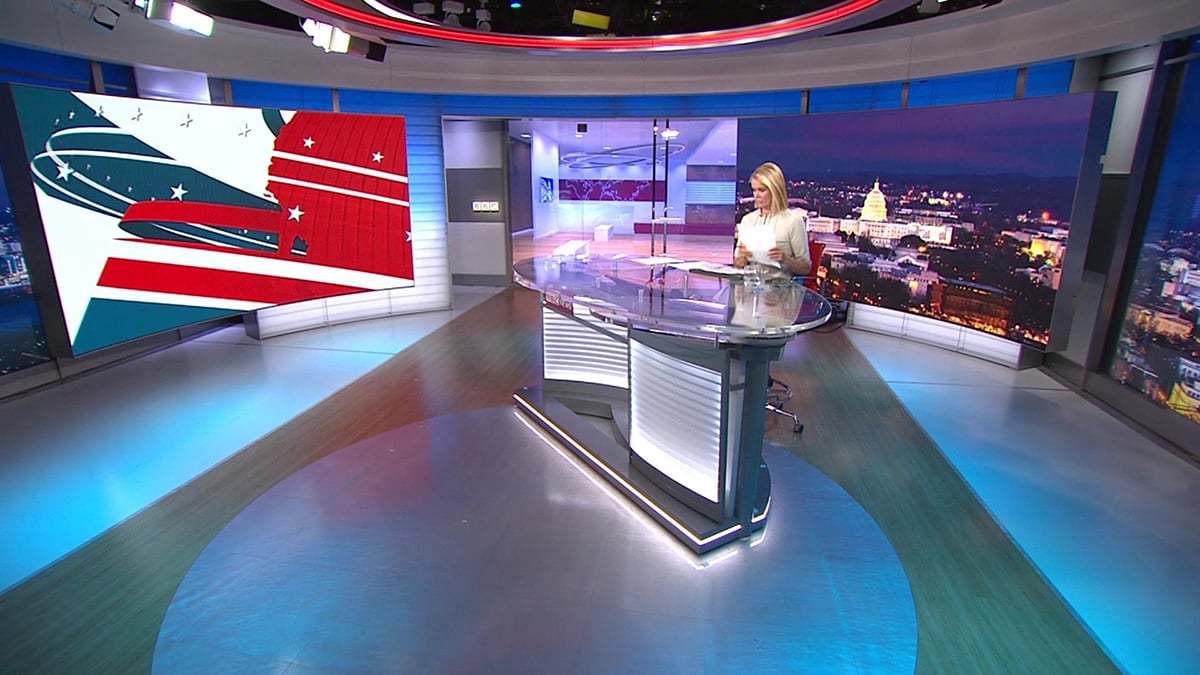 News anchor lit with LED lights outfitted with OPTI-SCULPT lenses inside BBC News studio in Washington D.C.