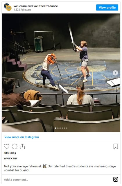 Actors practicing a sword‑fighting sequence on a theater stage featuring a hand‑painted star‑chart design using Rosco Metallix Paint.