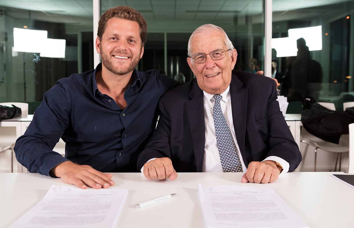Nils de Montgrand poses with Rosco's Stan Miller during the DMG Lumiere acquisition.