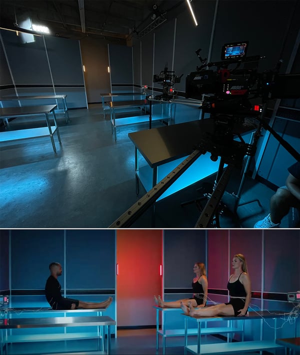 DMG fixtures were used in this action scene lighting setup to create contrasting warm tones against the cool lighting from the practicals on set.