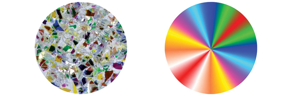 An #R43801 Kaleidoscope Prismatic Effects Glass Gobo and an #R86763 3D CD Color Glass Gobo.
