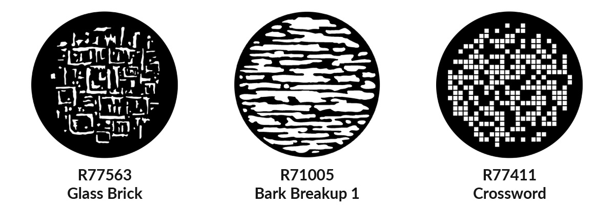 Three Rosco standard steel gobo images: R77563 Glass Brick, R71005 Bark Breakup 1, and R77411 Crossword.