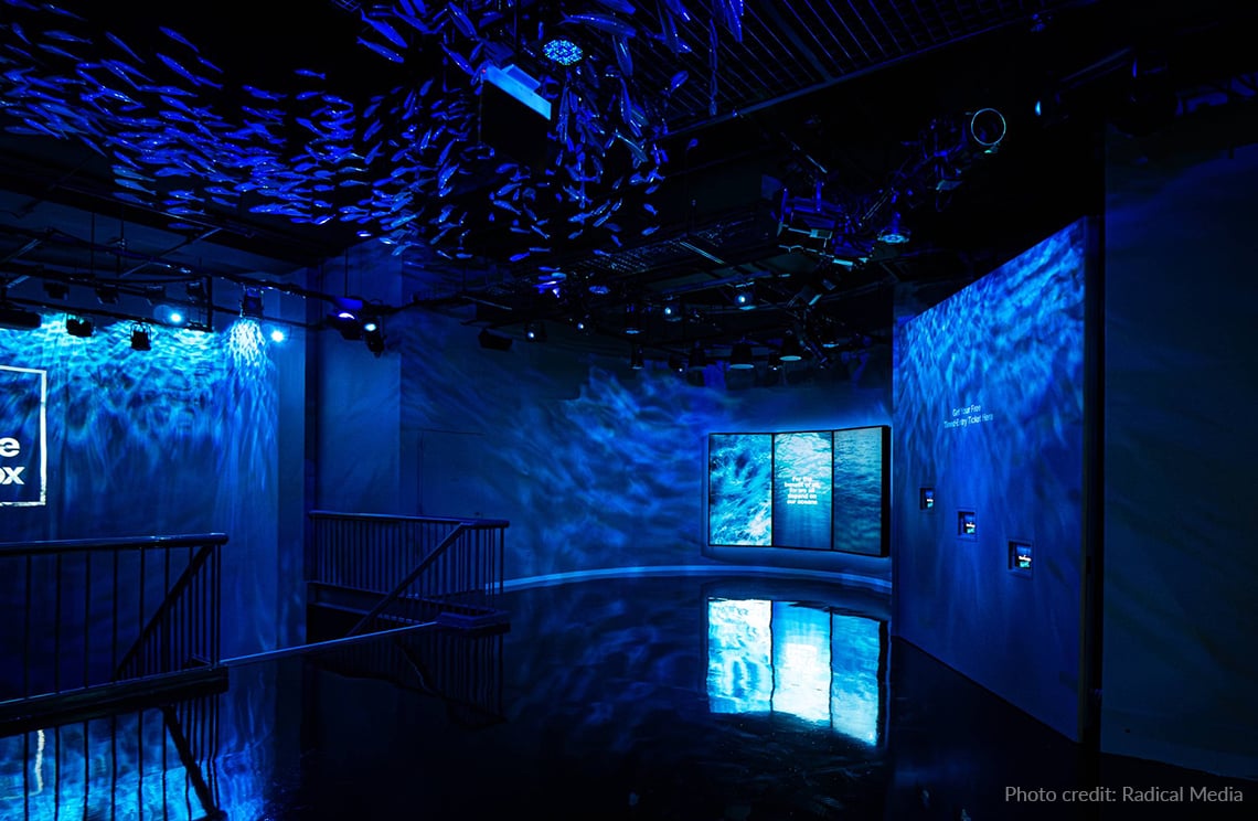 Rosco X-Effects create a realistic reflected water effect inside The Blue Paradox at the Chicago Museum of Science and Industry.