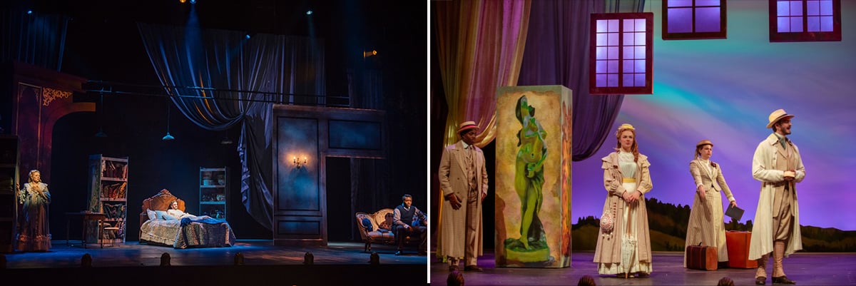 A comparison of Act One and Act Two of A Little Night Music at Carnegie Mellon that shows darker hue on the left and the pastel hues Jessica Winward created with CMY color mixing on the right.