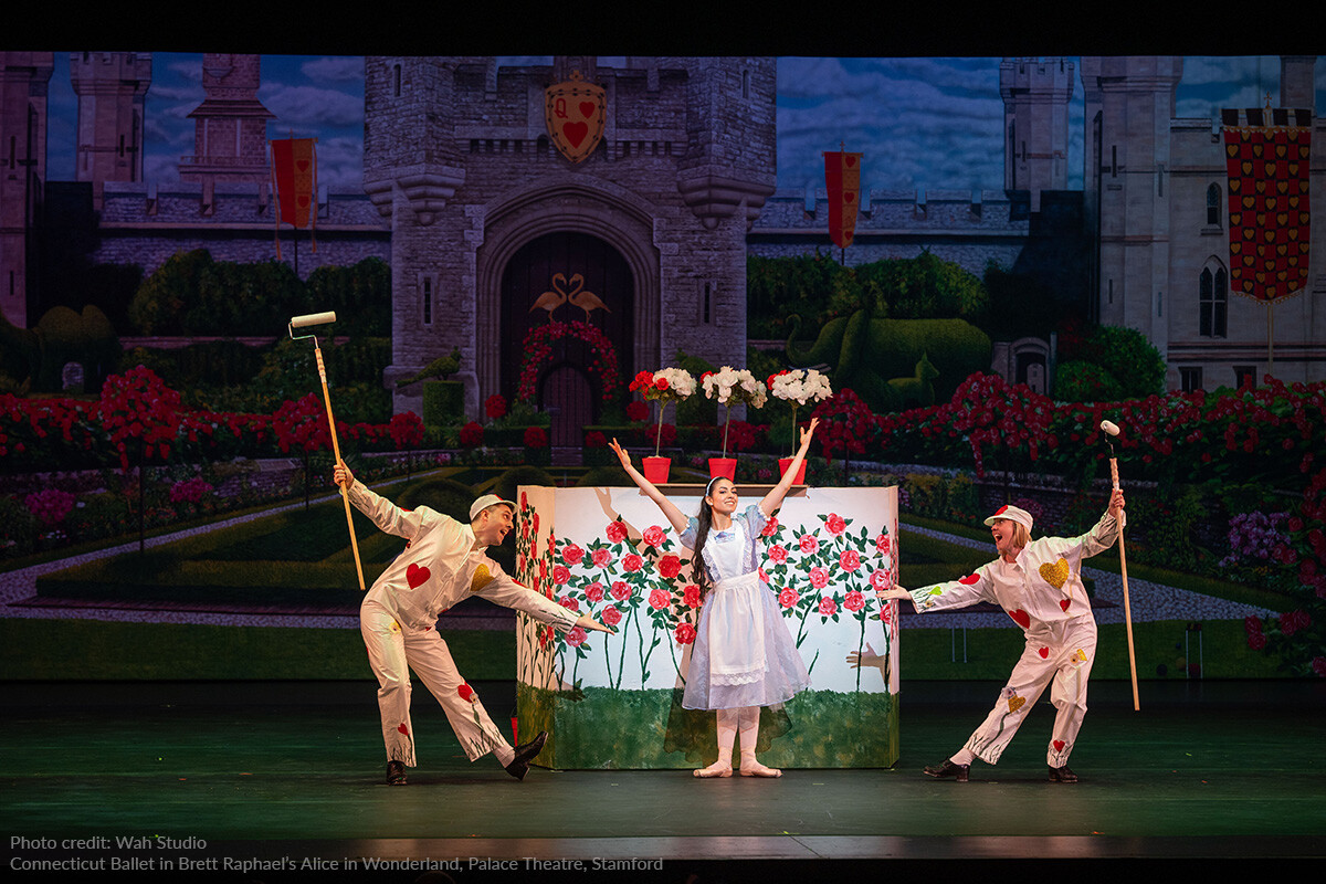Connecticut Ballet dancers perform on Rosco's new Duètte marley floor dance surface during Brett Raphael’s Alice in Wonderland at The Palace Theatre.