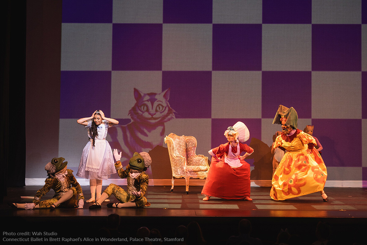 Connecticut Ballet performs Brett Raphael’s Alice in Wonderland at The Palace Theatre using Rosco's new Rosco Duètte marley dance floor.