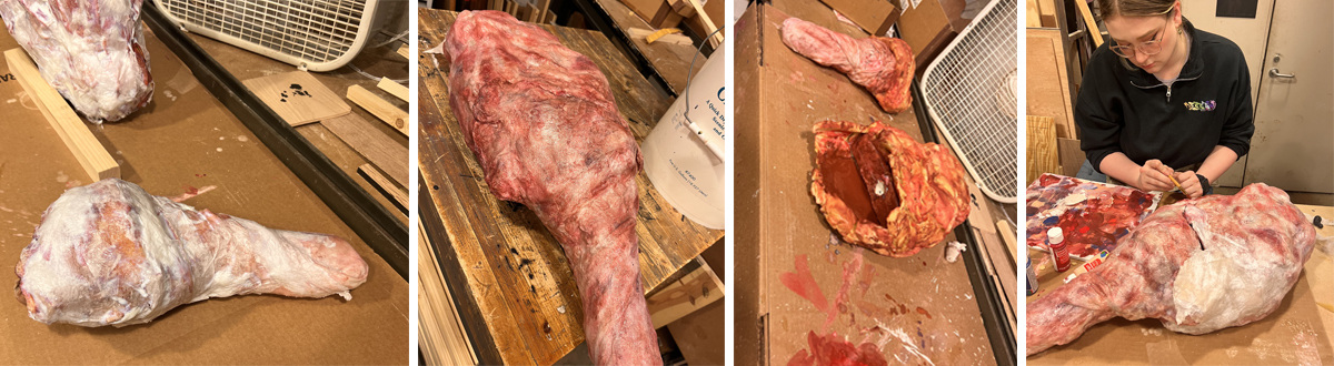 The fake leg shank form prop was painted with Rosco Off Broadway Burnt Sienna and coated with CrystalGel to create realistic wet blood look.