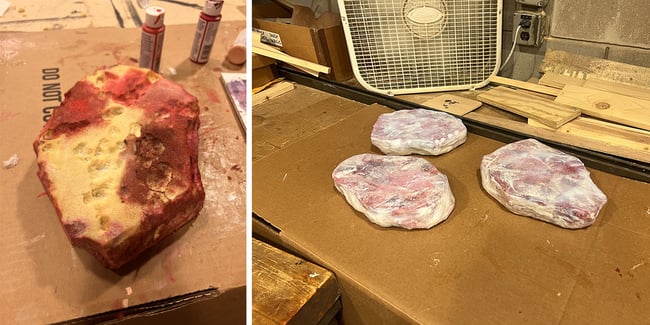 Fake steaks created with upholstery foam, Rosco Off Broadway paint and CrystalGel.