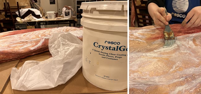Using Rosco CrystalGel to apply white tissue paper to create the look of semi-translucent fat on the fake meat foam props.
