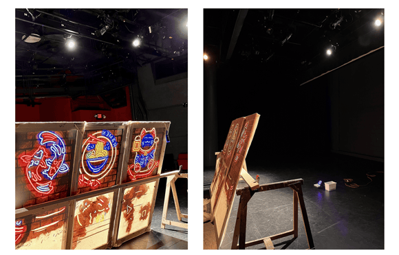 Two images that showcase the final neon scenery projects created with Rosco Fluorescent paint glowing on a stage.