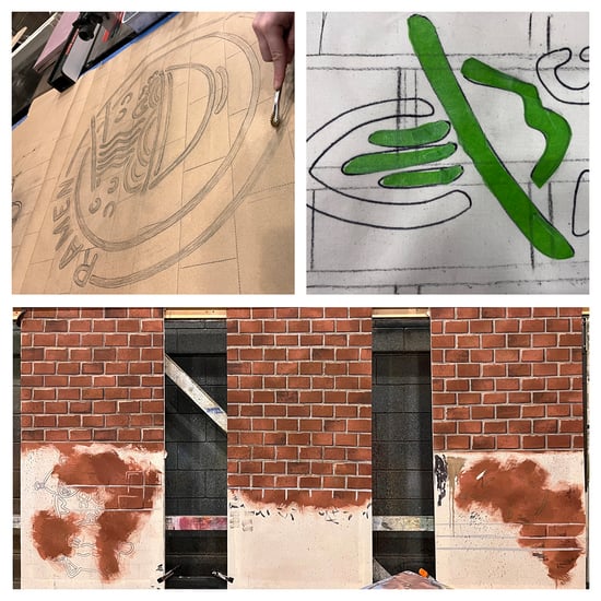 Work-in-process photos showing the pouncing, inking, and brick wall painting processes on a starched muslin flat.