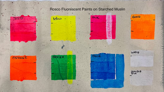 A test sample that shows the different opacity and brightness levels of using multiple layers of Rosco Fluorescent paint.