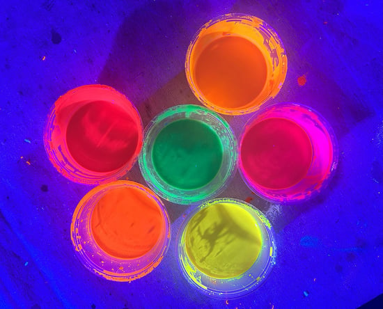 Rosco Fluorescent paint samples glow under UV black light.