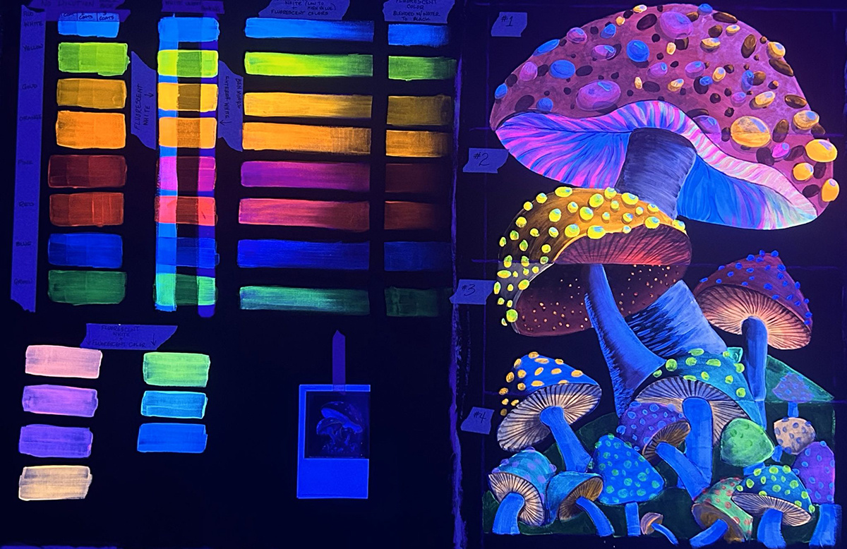 Strokes of Rosco Fluorescent paint color samples (left) and the finished, four-section mushroom painting (right).