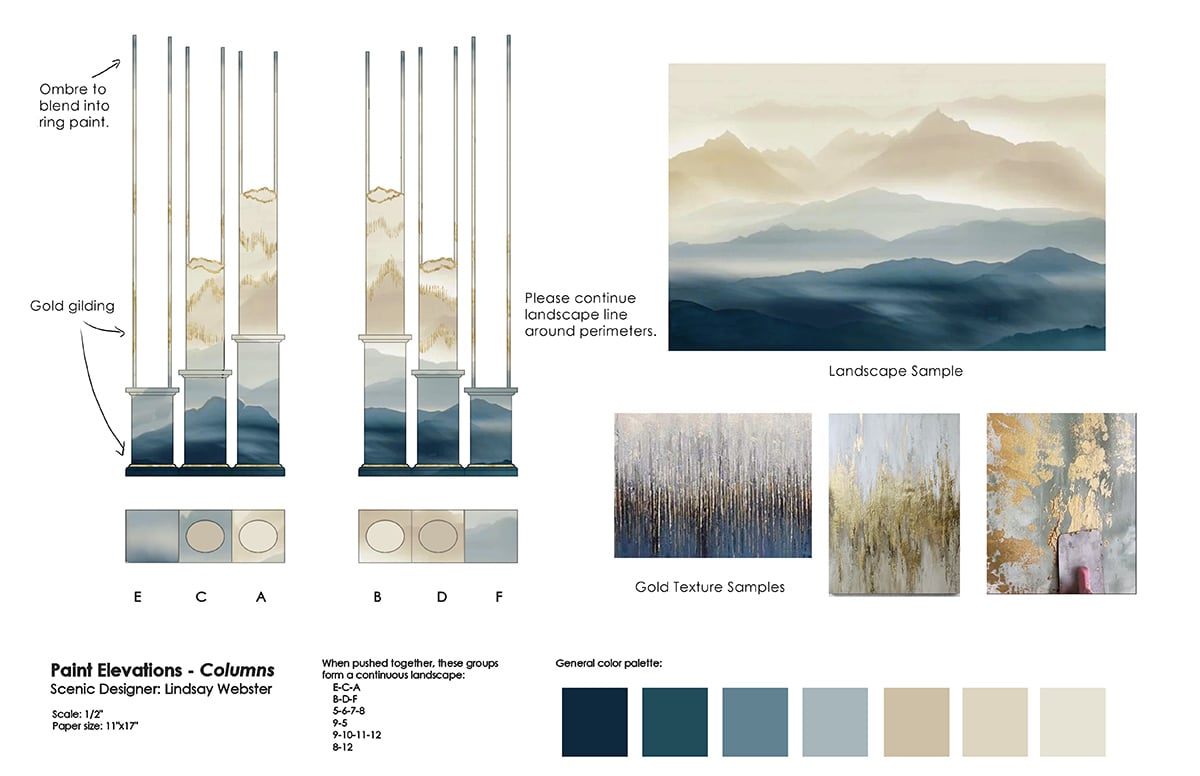 Paint elevations and scenic design examples created by scenic designer Lindsay Webster.