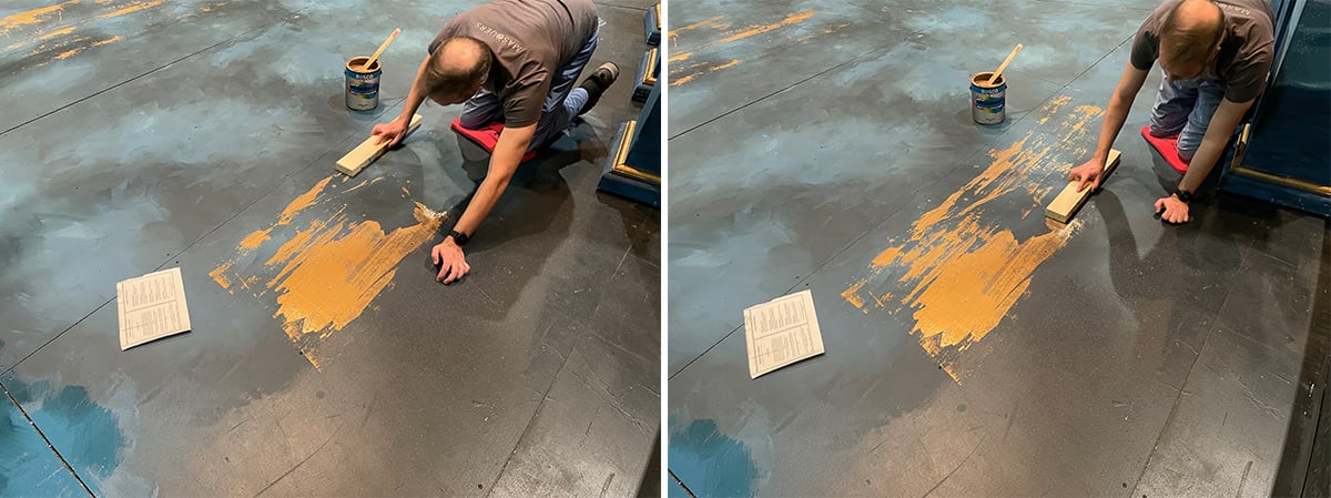 Matt Rightmire, Technical Director, creates a modern streaky smear on the stage floor using Rosco Off Broadway Gold scenic paint.