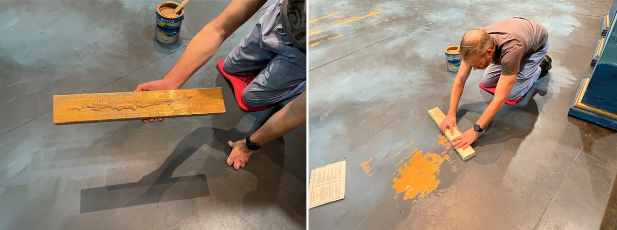 Matt Rightmire, Technical Director, creates streaky smear on the stage floor using Off Broadway Gold paint.