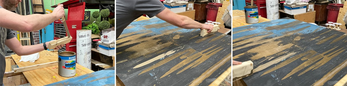 Testing Off Broadway Gold paint on scrap Masonite using a wooden block as a makeshift scraping stamp.