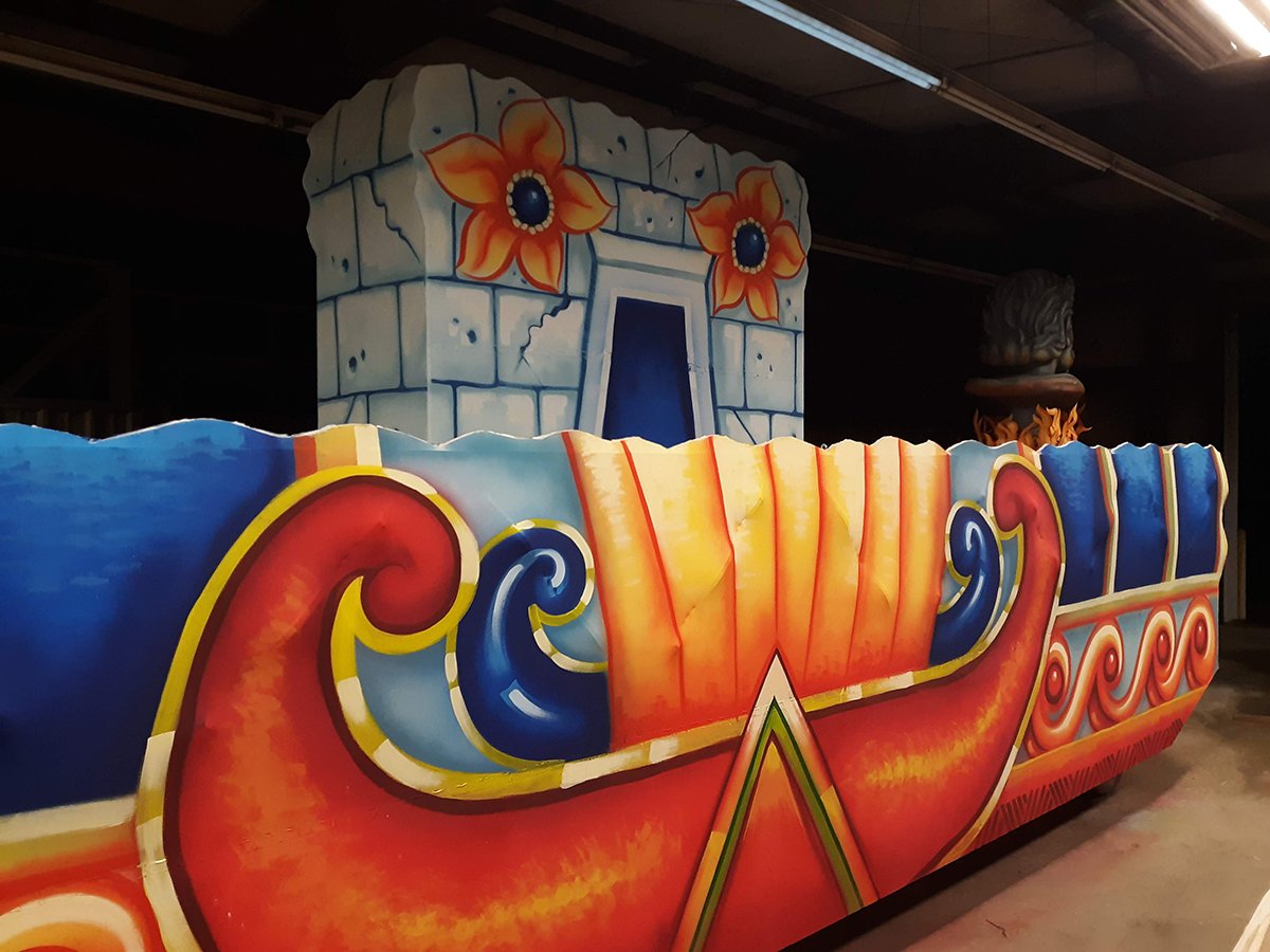 A brightly painted Mardi Gras float featuring bold, vibrant colours created using Rosco Off Broadway paint.