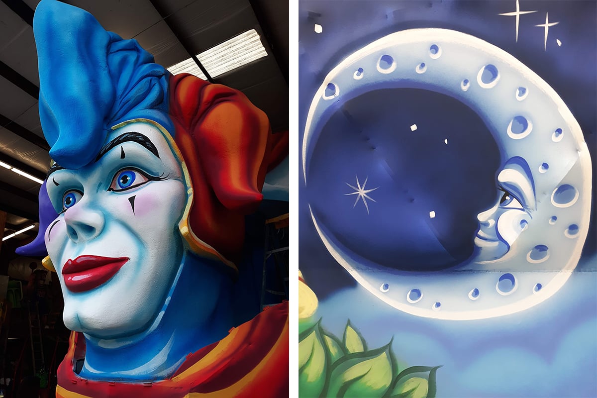 A Mardi Gras float featuring a brightly painted face and crescent moon, created with bold colours using Rosco Off Broadway paint.