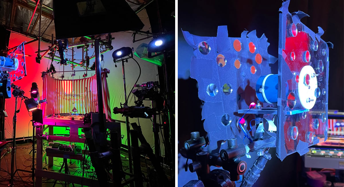 Two Rosco X-Effects projectors are aimed at a pair of rotating, mirror-dotted panels to create the effect of multiple spotlights in a circus scene.