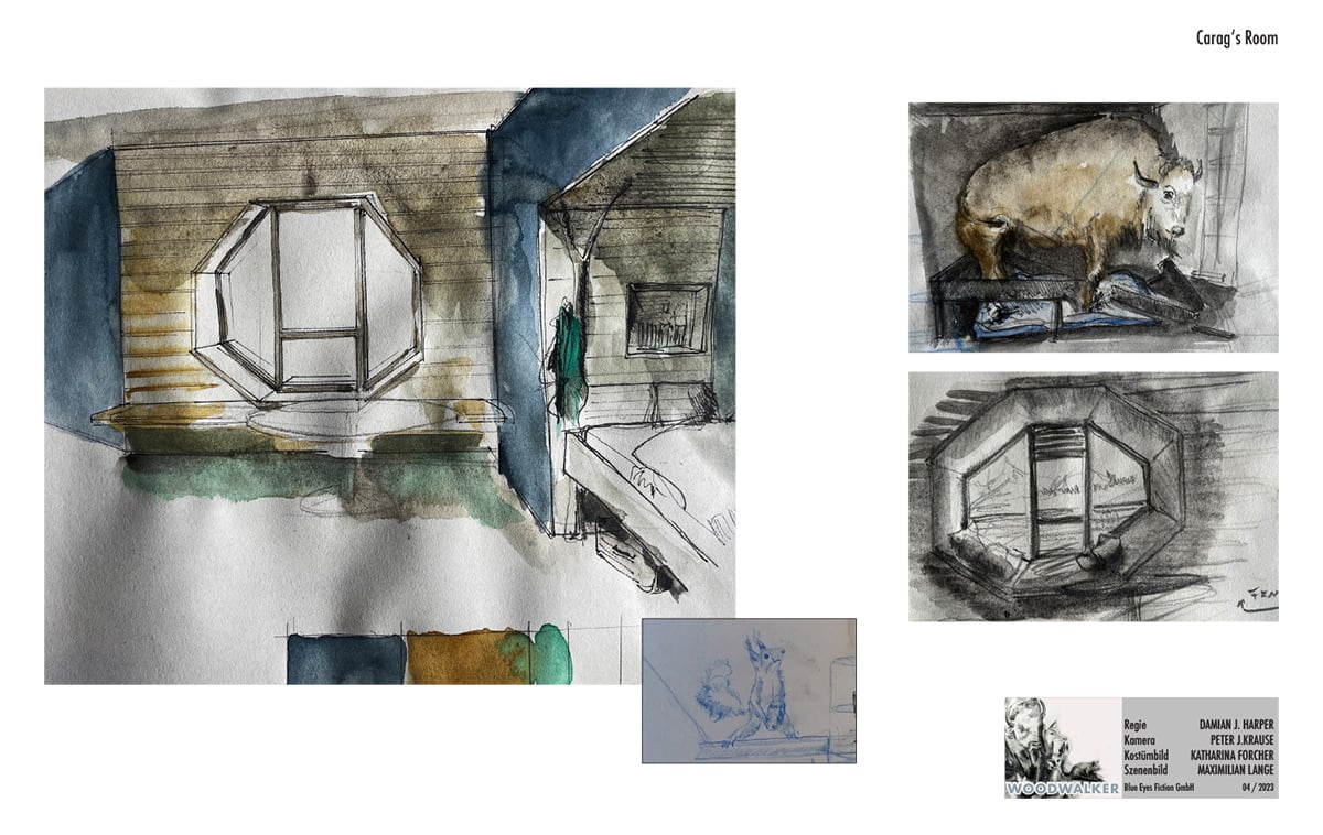 Maximilian Lange’s set drawings of the Carag’s boarding room set with the octagon-shaped window resembling an animal eye.