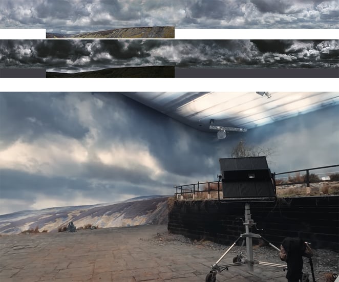 Final artwork (above) and the Rosco SoftDrop installed inside the Wuthering Heights set (below).