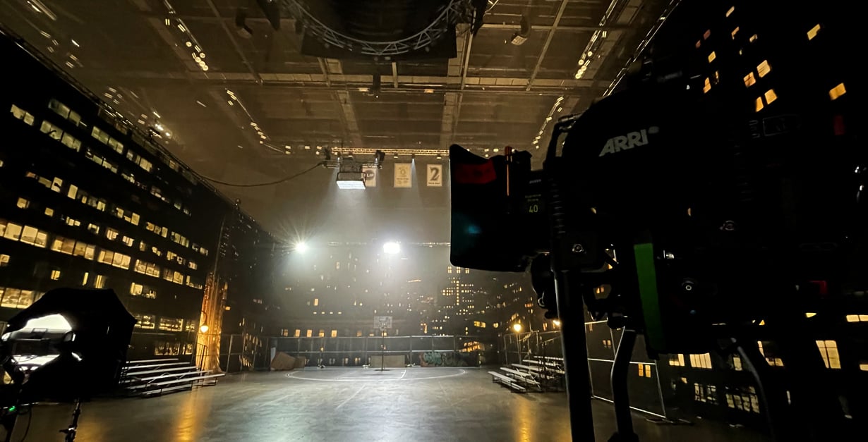 Rental SoftDrop transforms an arena into a rooftop basketball court.