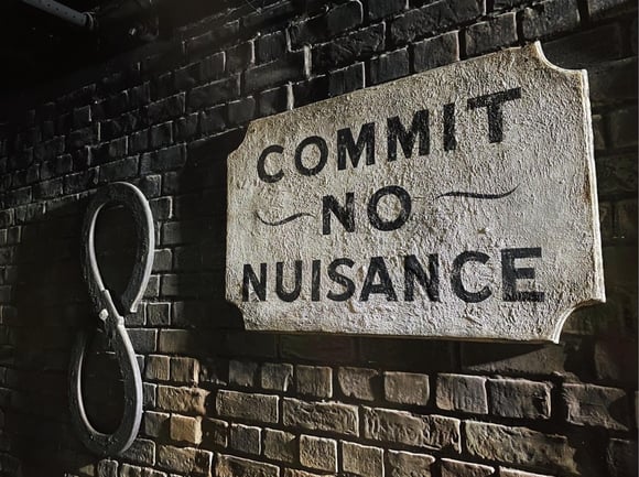 Raw Umber Rosco Supersat Paint was used in an aging scenic art technique to distress a "Commit No Nuissance" sign.