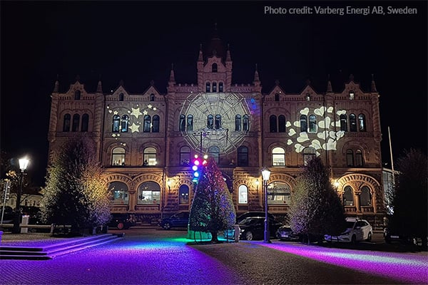 Image Spot HO fixtures create vivid gobo projections of stars, a spiderweb, and hearts on the Sparbankshuset building for the Rys och Mys festival in Varberg, Sweden.