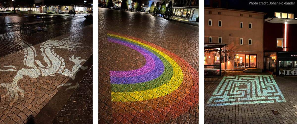 Custom gobo projections on building façades at the Varberg light festival