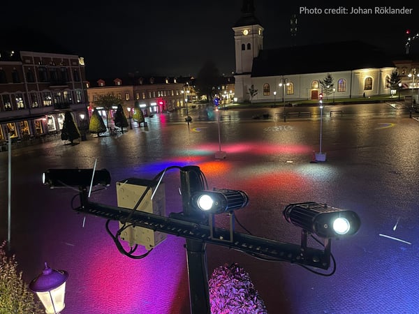 Three Rosco Image Spot HO fixtures mounted on a light pole in the Varberg, Sweden city square.