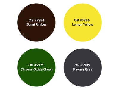 Four Rosco Off Broadway scenic paint colours for mixing realistic foliage and leaf tones.