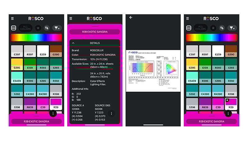 Examples of the color details available in Rosco's myColor App.