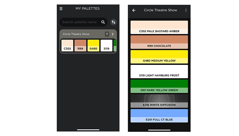 An example of the Color Palette Builder inside Rosco's myColor App.