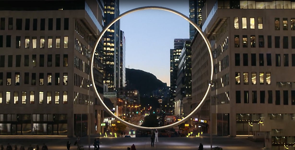 Precise gobo projection design is used to illuminates the interior of Montreal’s L'Anneau art installation.