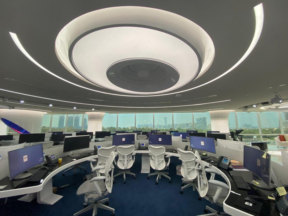 RoscoLED Tape integrated inside the ceiling swirl illuminate the editorial workspaces.